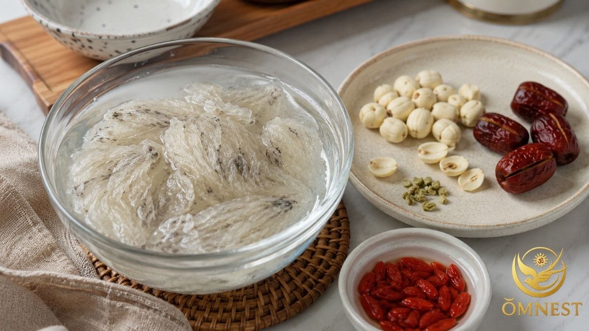 bước 1 chế biến yến chưng táo đỏ hạt sen kỷ tử 