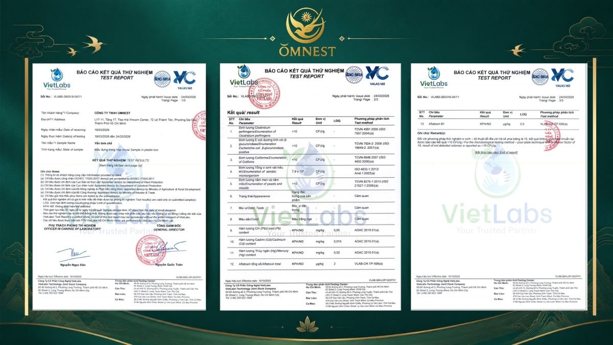 kết quả kiểm nghiệm yến sào omnest